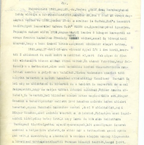 Részlet a :A PIH Jogsegítő Irodáján  1921. 08. 25-én felvett jegyzőkönyvből (Forrás: MZSL)
